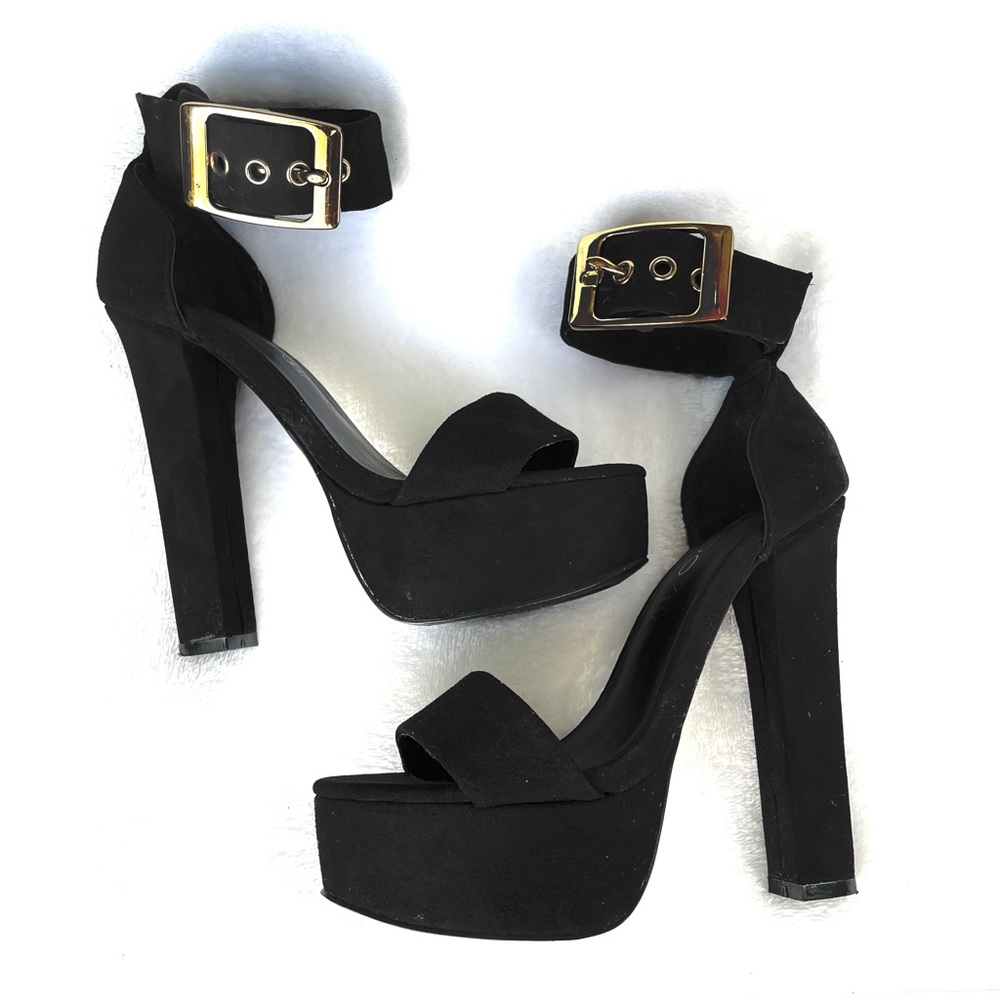 Aldo Black Platform Suede Heels With Ankle Straps